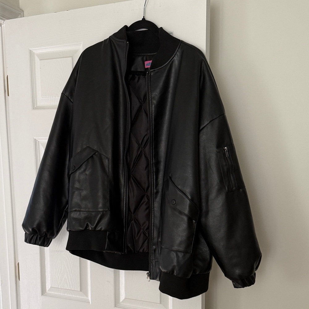 Edikted Black Leather Bomber Jacket